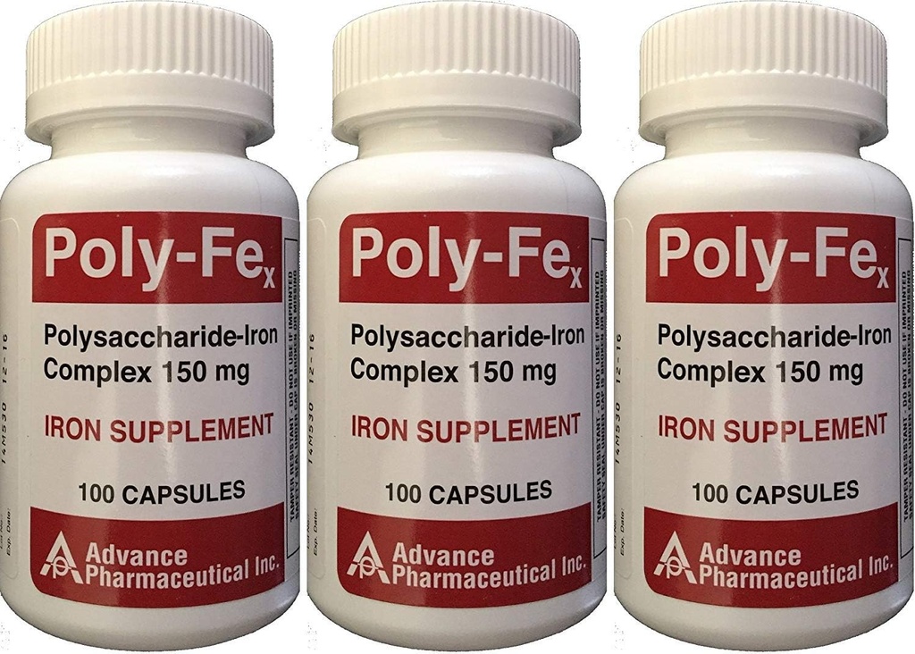 Polysaccharide Iron Complex 150 mg Capsules Iron Supplement 100 Capsules per Bottle Pack of 3 Total 300 Capsules