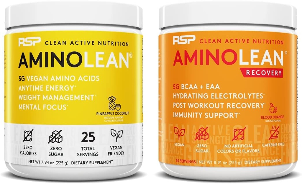 RSP NUTRITION Vegan AminoLean Pre Workout Energy (Ananas kokos 25 Servere) med AminoLean Inddrivelse Post Workout Boost (blod Orange 30 Servere)
