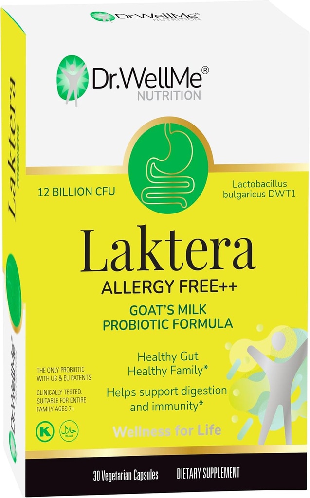 Dr. WellMe Laktera Allergy-Free Probiotics – 30 Capsules, 12B CFU Goat’s Milk Probiotic Formula, Immune & Gut Health Supplements – Low Lactose, Gluten-Free for Adults & 7+ Children