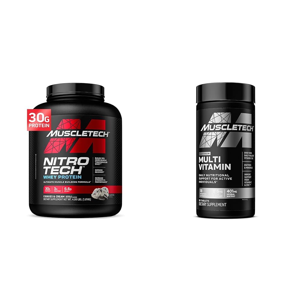 Muscletech Whey Protein Powder & Multivitamin for immunforsvar - Nitro- Tech Muscle Building Formel med Whey Protein Isolate & Peptider, 30g Protein, 3g Creatin, 6,8g BCAA, og Platinum Multivitamin med 18 Vitamin & Min