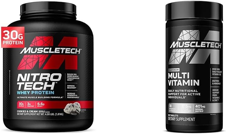 Muscletech Whey Protein Powder & Multivitamin for immunforsvar - Nitro- Tech Muscle Building Formel med Whey Protein Isolate & Peptider, 30g Protein, 3g Creatin, 6,8g BCAA, og Platinum Multivitamin med 18 Vitamin & Min