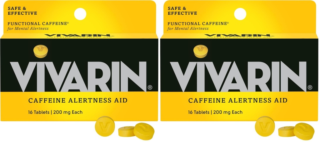 Vivarin, koffein piller, 200mg koffein per dosis, sikkert og effektivt hjælper dig med at holde dig vågen, ingen sukker, kalorier eller skjulte ingredienser, Energy Supplement, 16 tabletter (pakke af 2)