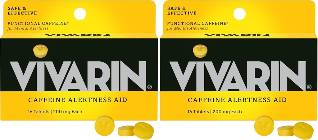 Vivarin, koffein piller, 200mg koffein per dosis, sikkert og effektivt hjælper dig med at holde dig vågen, ingen sukker, kalorier eller skjulte ingredienser, Energy Supplement, 16 tabletter (pakke af 2)