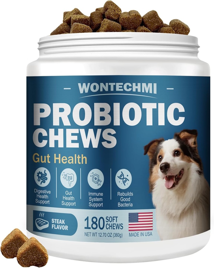 Probiotika til hunde, Forbedre Itchy Skin Itchy Øre, Gut Sundhed, Gær Balance, Allergier, Immunitet, Hundeprobiotika og fordøjelsesenzymer med Prebiotika, Reducere Diarré (180 tygger, steak)