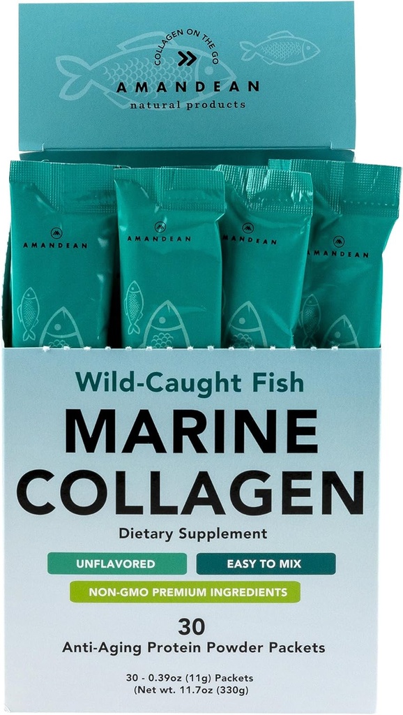 AMANDEAN Marine Collagen Peptider Powder Stick Packs. Wild- fanget fisk. 30 enkeltpakninger. Hår, hud og negle. Non- GMO, Zero Carbs, Unflavored, High Bioavailability.