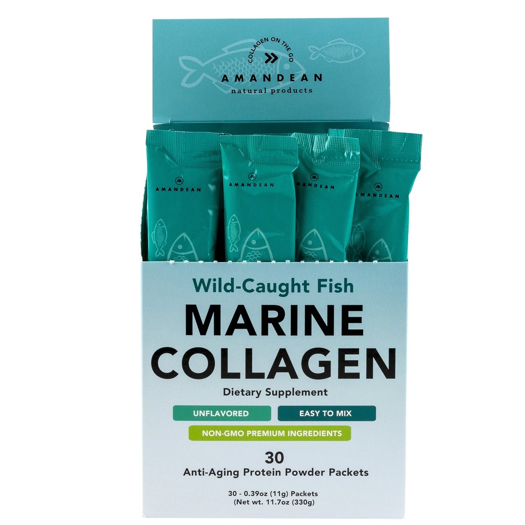 AMANDEAN Marine Collagen Peptider Powder Stick Packs. Wild- fanget fisk. 30 enkeltpakninger. Hår, hud og negle. Non- GMO, Zero Carbs, Unflavored, High Bioavailability.