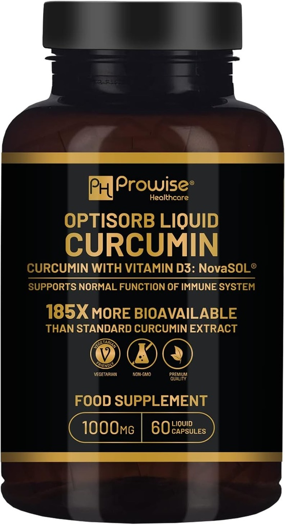 Optisorb Flydende Curcumin med D-vitamin - 60 Liqcaps ttesmå 124; 185x Gurkemeje & Curcumin Biotilgængelighed - Ultra Biotilgængelige fosfatkapsler med 1000mg NovaSOL Daglig dosering - UK Fremstillet