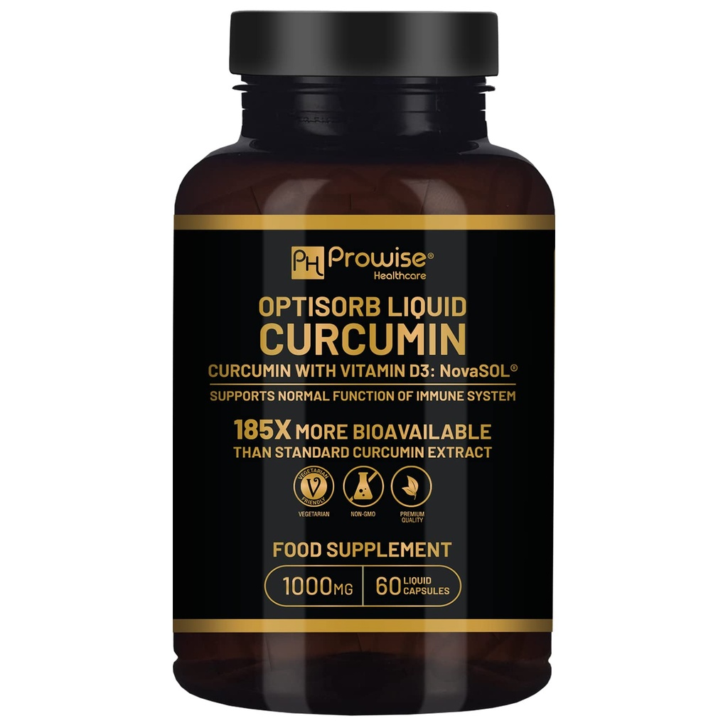 Optisorb Flydende Curcumin med D-vitamin - 60 Liqcaps ttesmå 124; 185x Gurkemeje & Curcumin Biotilgængelighed - Ultra Biotilgængelige fosfatkapsler med 1000mg NovaSOL Daglig dosering - UK Fremstillet