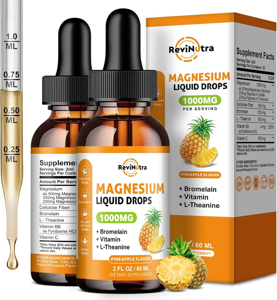 2 Pack Magnesium Glycinate flydende dråber, 1000 mg flydende Magnesium Complex dråber til søvn, nerve, energi, muskel, ben, rolig & fordøjelse, høj Absorption, 2 Fl Oz, Ananas Arv