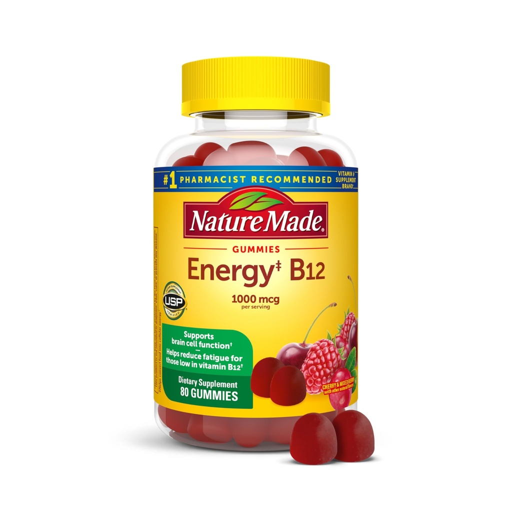 Nature Made Energy B12 1000 mcg, Kosttilskud til energistofskiftestøtte, 80 gummier, 40 dages forsyning Emballage kan variere
