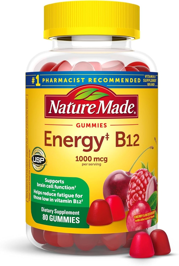Nature Made Energy B12 1000 mcg, Kosttilskud til energistofskiftestøtte, 80 gummier, 40 dages forsyning Emballage kan variere