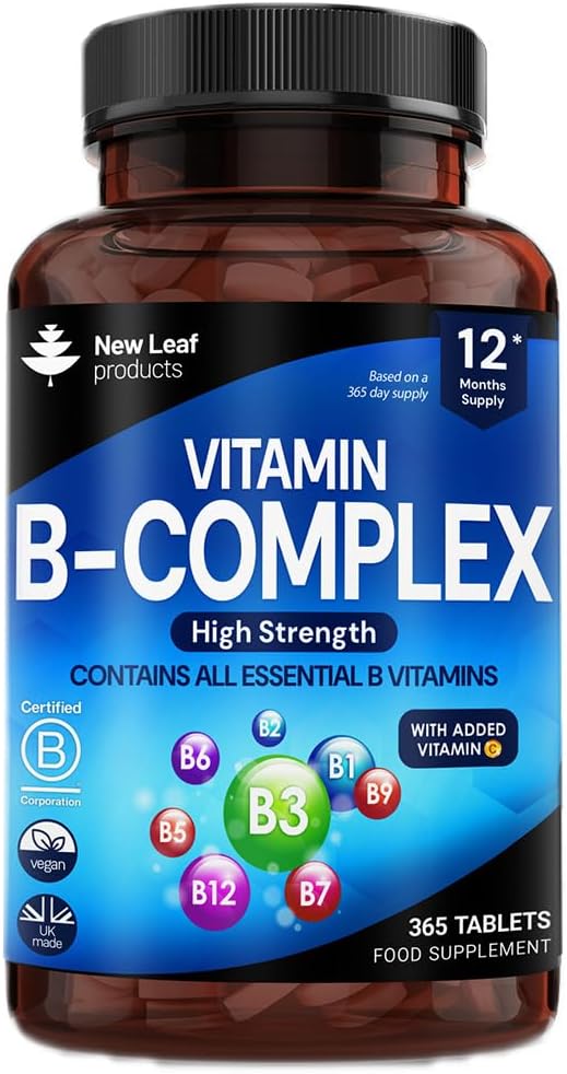 Vitamin B Complex - 365 små tabletter (et års forsyning) Høj styrke Alle 8 B vitaminer B1-B2-B3-B5-B6-B12, biotin, folinsyre og C-vitamin - Reduktion af træthed, energi & immunforsvar - UK Made