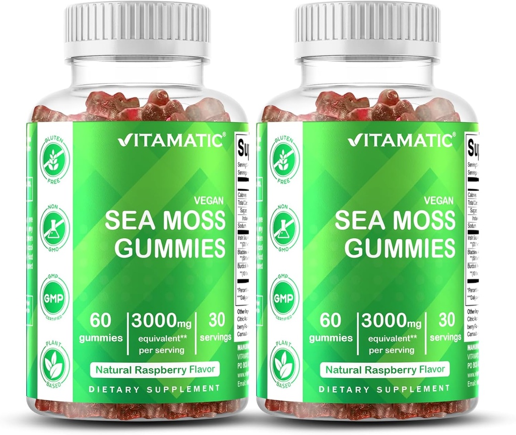 Vitamatic 2 Pack Irish Sea Moss Gummies - 3000 mg Ækvivalent Per Serving (132,5 mg ekstrakt) - 60 Greve - Lavet med Bladderwrack & Burdock Root - Understøtter Thyroid, Energi og immunforsvar