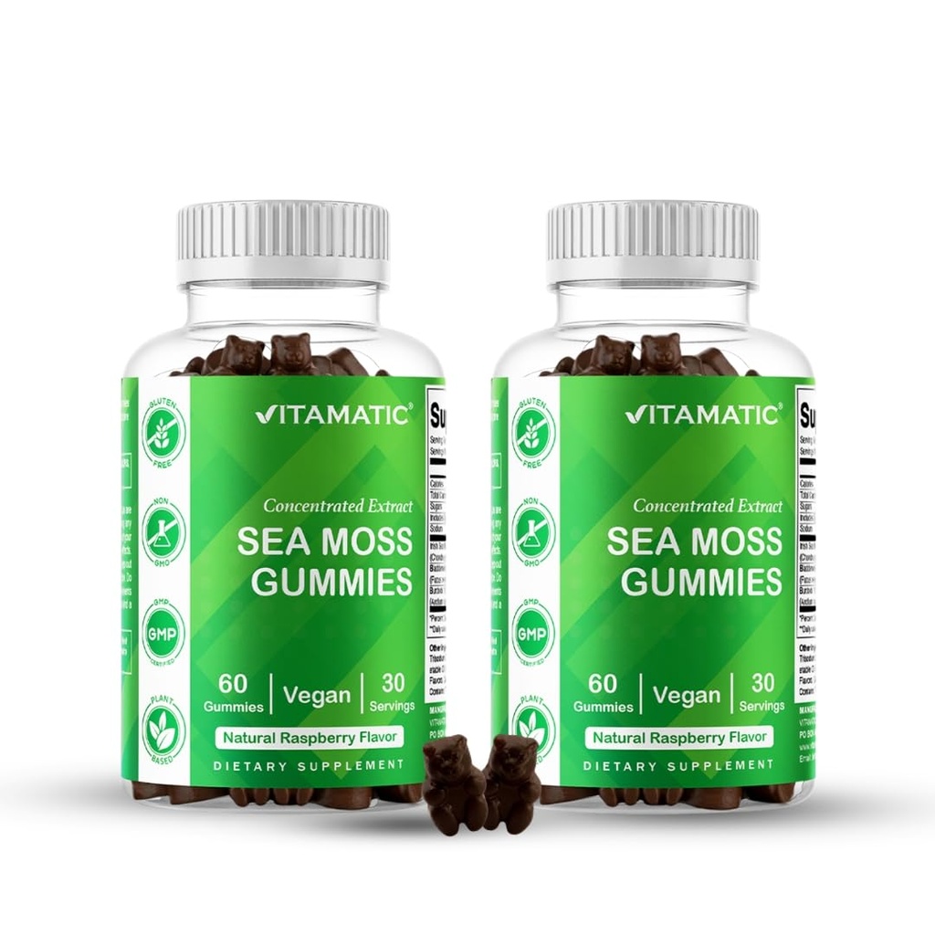 Vitamatic 2 Pack Irish Sea Moss Gummies - 3000 mg Ækvivalent Per Serving (132,5 mg ekstrakt) - 60 Greve - Lavet med Bladderwrack & Burdock Root - Understøtter Thyroid, Energi og immunforsvar