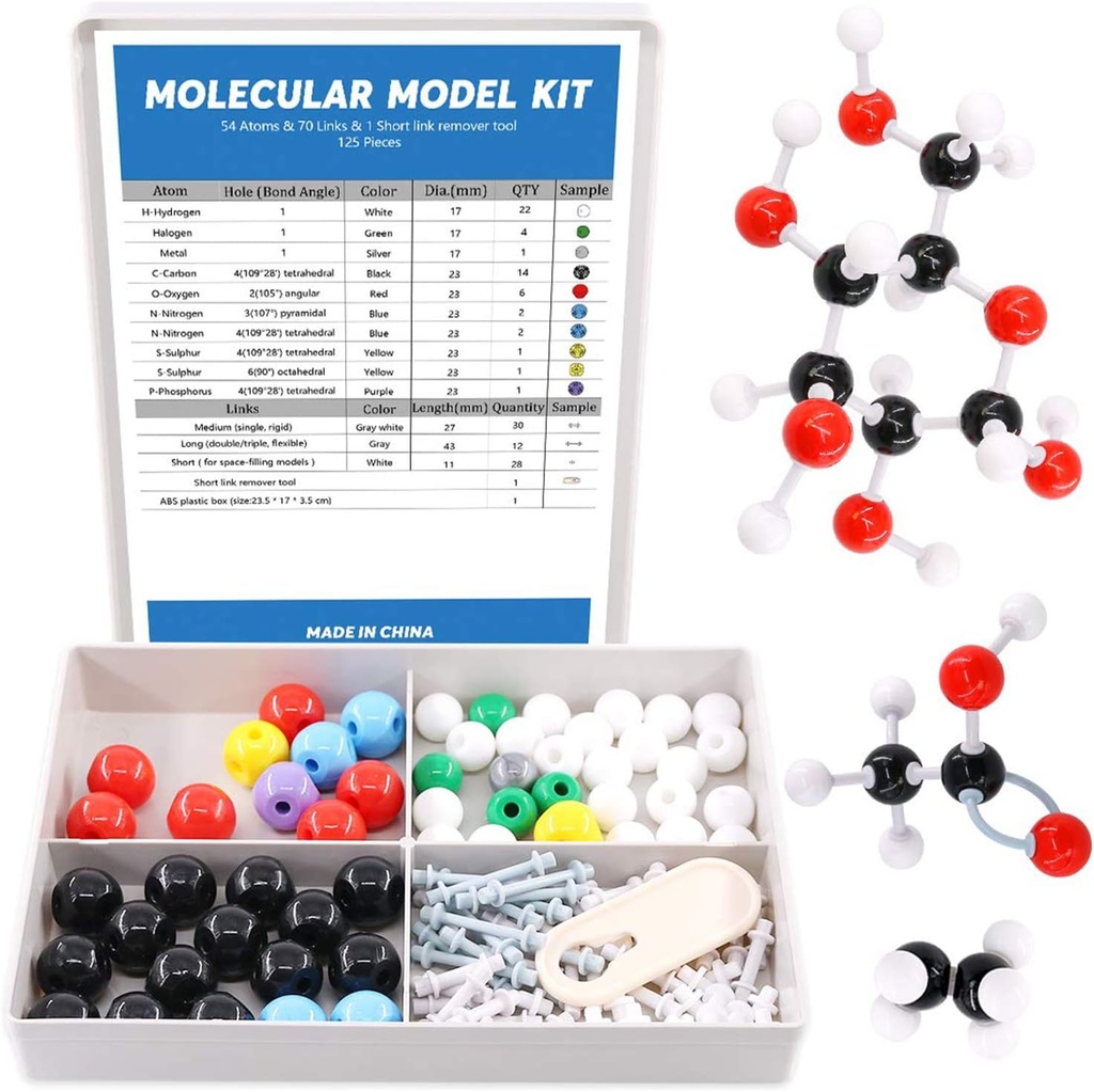 Swpeet 125 Pcs Molecular Model Kit til Uorganisk & Økologisk Molecular Model Lærer og 16 År og Over Student Kit - 54 Atoms & 70 Links & 1 Short Link Remover Tool - Science Legetøj