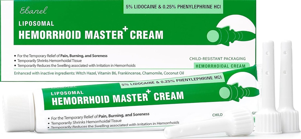 Ebanel 5% Lidocain hæmorid Treatment Cream med Heks Hazel, Phenylephrin, Horse Chestnut, B6-vitamin, Zinkoxid, eksterne og interne hæmorider Behandling Burn Itch Pain Relief Anal Cream