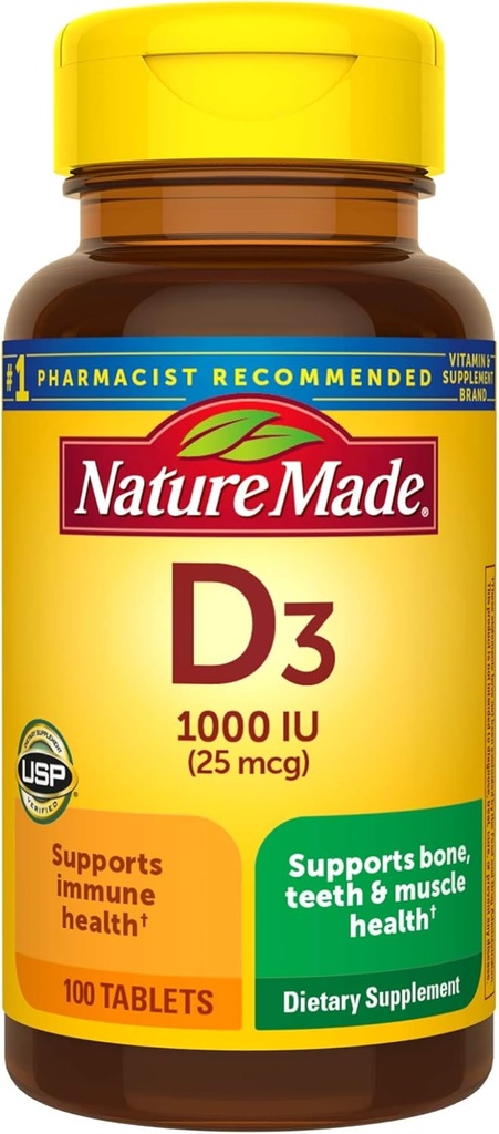 Nature Made Vitamin D3, 100 tabletter, D-vitamin 1000 IE (25 mcg) Hjælper support immunforsvar, stærke knogler og tænder, & Muskelfunktion, 125% af den daglige værdi for D-vitamin i én daglig tablet