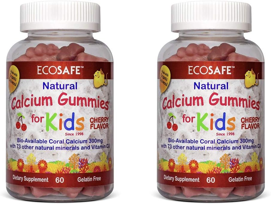 Coral Calcium Vitamin D3 Kids Gummy, Natural Cherry Flavor, Non GMO, Gluten- Free, Dairy- Free, Soy- Free and Gelatine Free - 300 mg Calcium, og 800 IE D3- 60 Gummies (1 pakke)