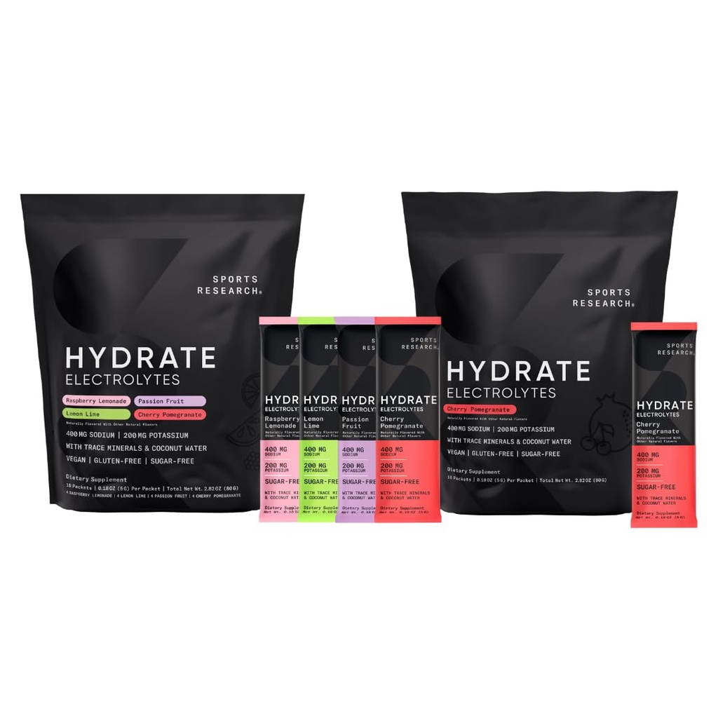 Sportsforskning Hydrate Electrolytes Combo Pack - Sugar- Free & naturligt tilsat vitaminer, mineraler og kokosvand - Understøtter hydrering - 32 pakker - Cherry Pomegranate Dominant Flavor