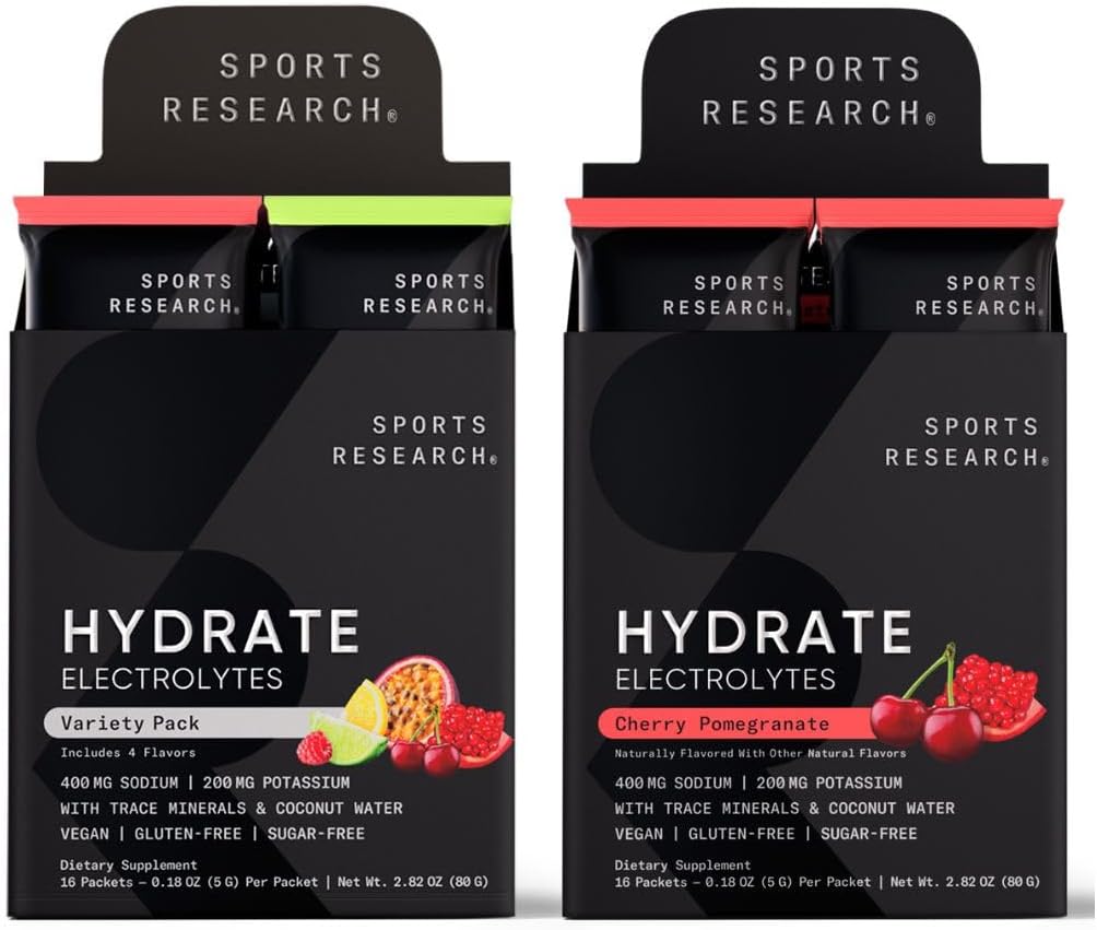 Sportsforskning Hydrate Electrolytes Combo Pack - Sugar- Free & naturligt tilsat vitaminer, mineraler og kokosvand - Understøtter hydrering - 32 pakker - Cherry Pomegranate Dominant Flavor