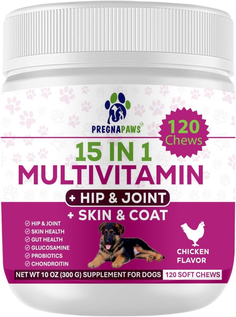 15-in-1 Postnatale vitaminer til hunde - Forbedrer inddrivelse, Understøtter fælles sundhed, Hud & Coat Care - Probiotika & Multivitaminer til ammende hunde - 120 tyggetabletter