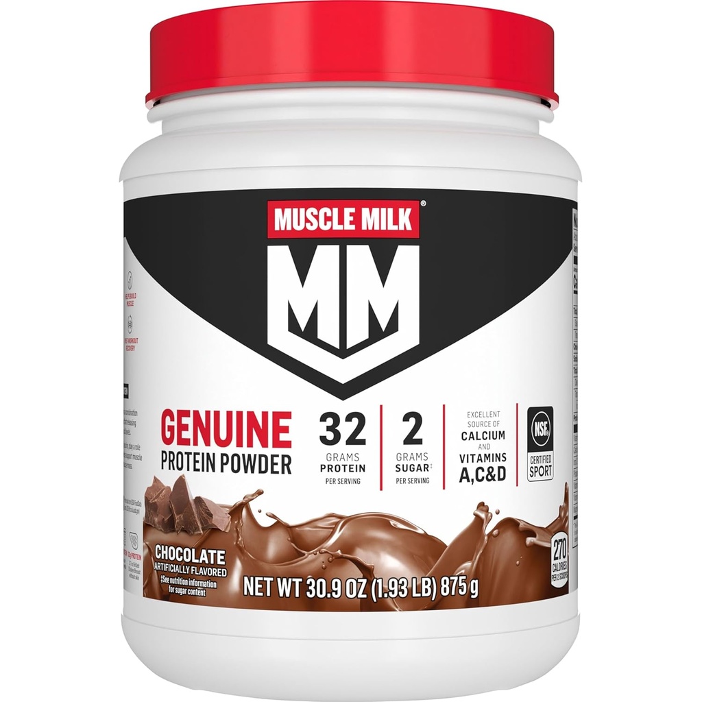 Muscle Milk Genuine Protein Powder, Chocolate, 1.93 Pounds, 13 Servings, 32g Protein, 2g Sugar, Calcium, Vitamins A, C & D, NSF Certified for Sport, Energizing Snack, Packaging May Vary