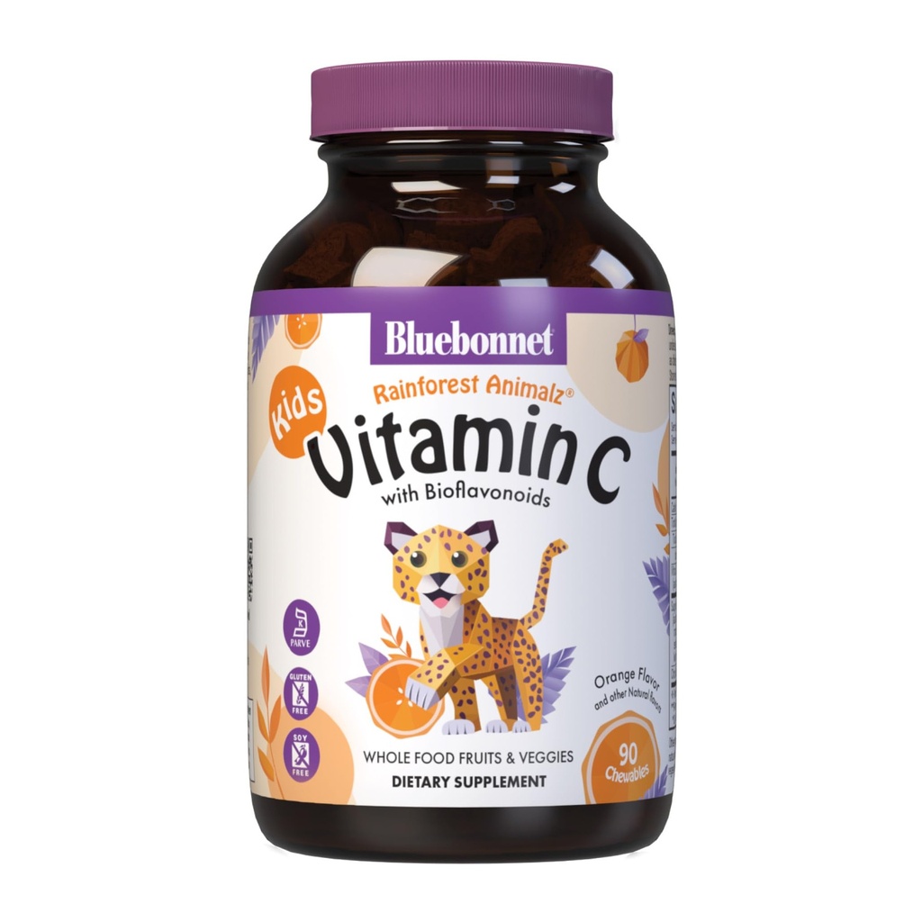 Bluebonnet Nutrition Rainforest Animalz Vitamin C Animal Shape Chewable Tablets, 250 mg C-vitamin, Soy- Free, Gluten- Free, Kosher Certified, Dairy- Free, Vegan, 90 Tablets, 45 Servere, Orange Flavor