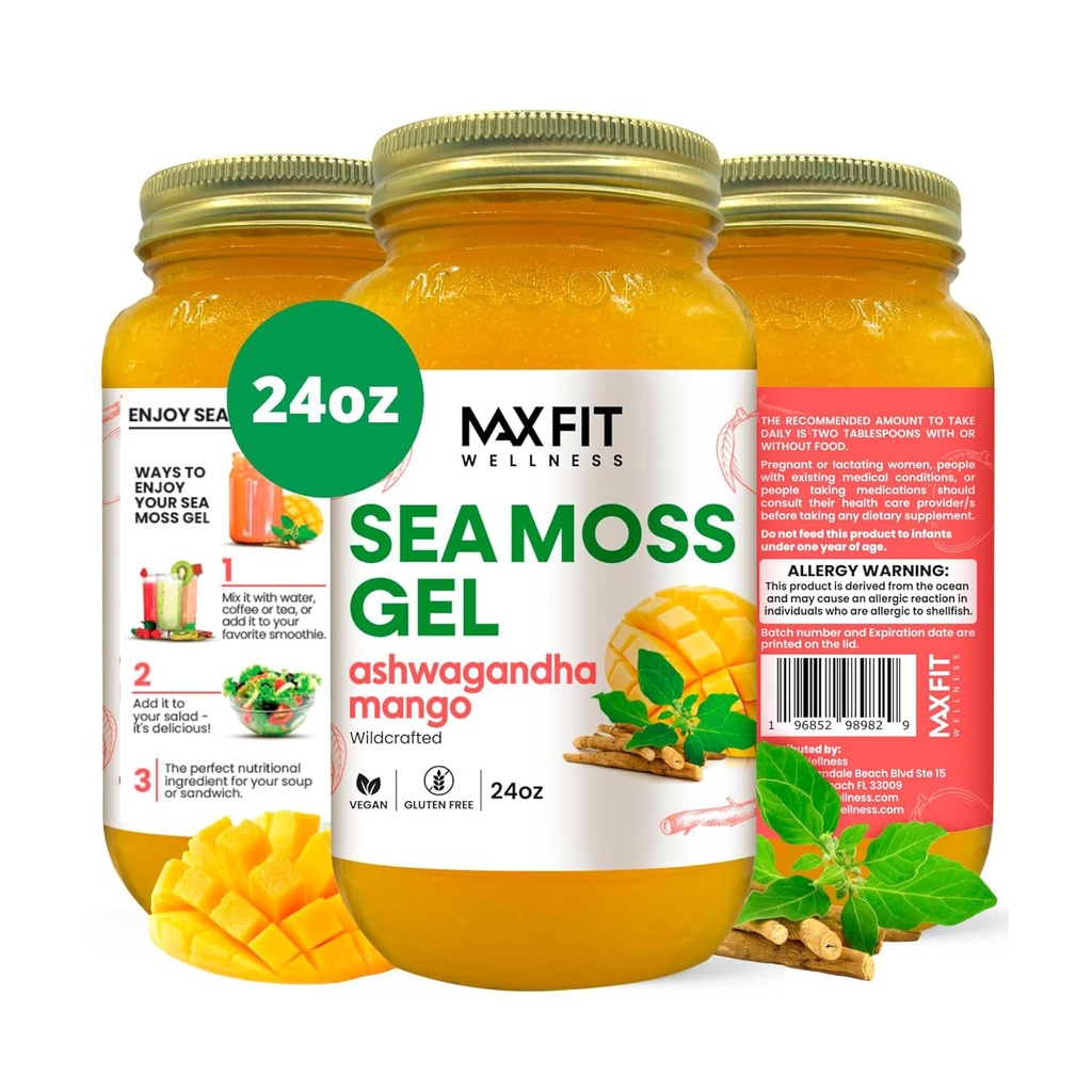 Sea Moss Gel Ashwagandha Mango (25 Arme) 24oz Wildсrafted Gold Sea Moss Gel fra Saint Lucia again124; 92 Vitamin og mineraler area 124; Pure Raw + Non- GMO