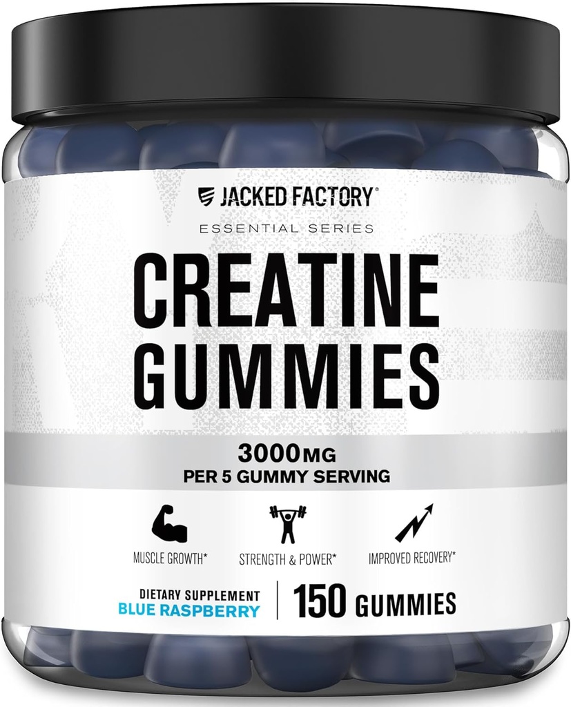 Jacked Factory Creatinine Monohydrat Gummies (3g) - Creatin for muskelvækst, Styrke, Forbedret energi, og forbedret atletisk ydeevne - 150 Gummies, Blå Hindbær