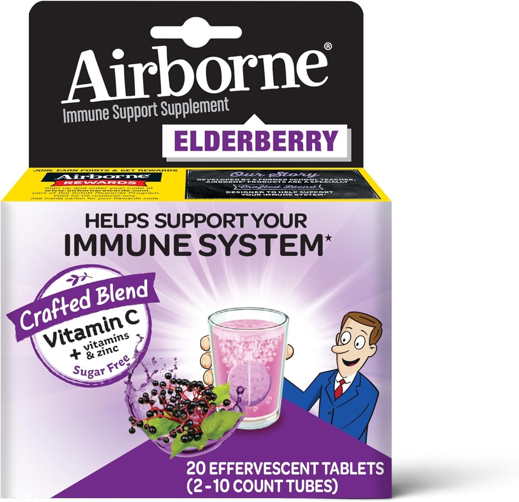 Airborne Elderberry Extract + vitamin C 1000mg (per servering) - Effervescent tabletter (20 Tæl i en kasse), Gluten- Free immunsupport supplement, med Vitaminer A C E, Zink, Selen, Sukker Free