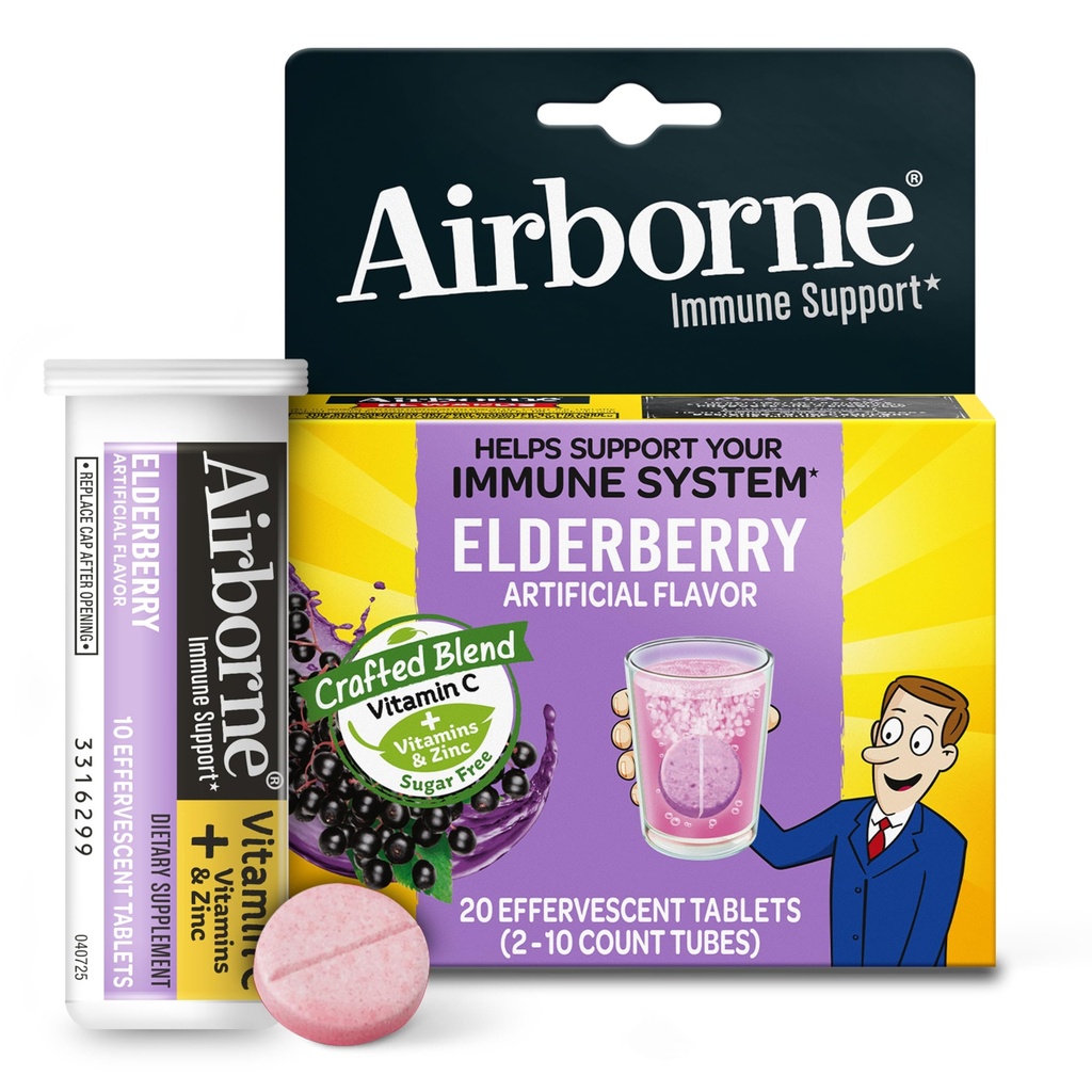 Airborne Elderberry Extract + vitamin C 1000mg (per servering) - Effervescent tabletter (20 Tæl i en kasse), Gluten- Free immunsupport supplement, med Vitaminer A C E, Zink, Selen, Sukker Free