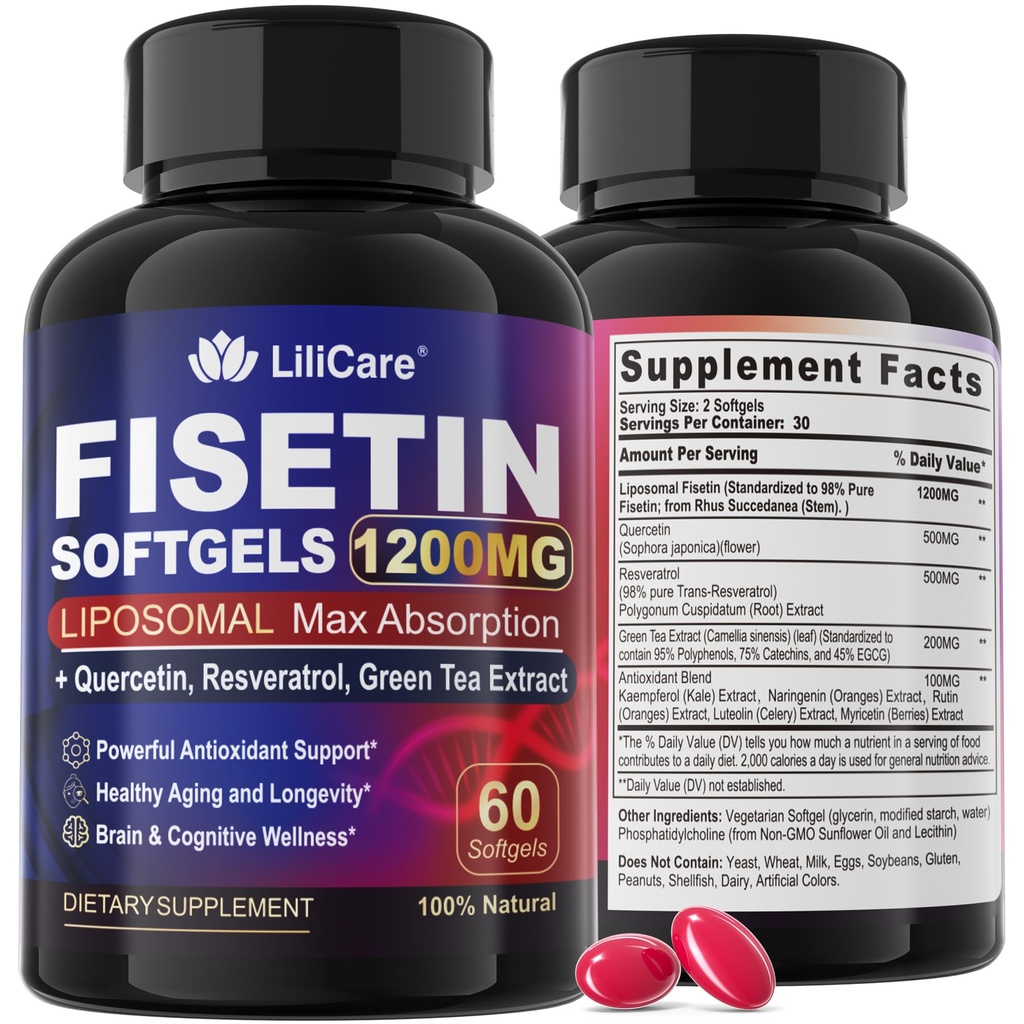 Fisetin Supplement - Liposomal Super Absorption 98% Pure 1200mg med Quercetin, Resveratrol, Green Tea Extract for Sund Aging & Longevity, Skin Health, Brain & Antioxidant - 60 Softgels