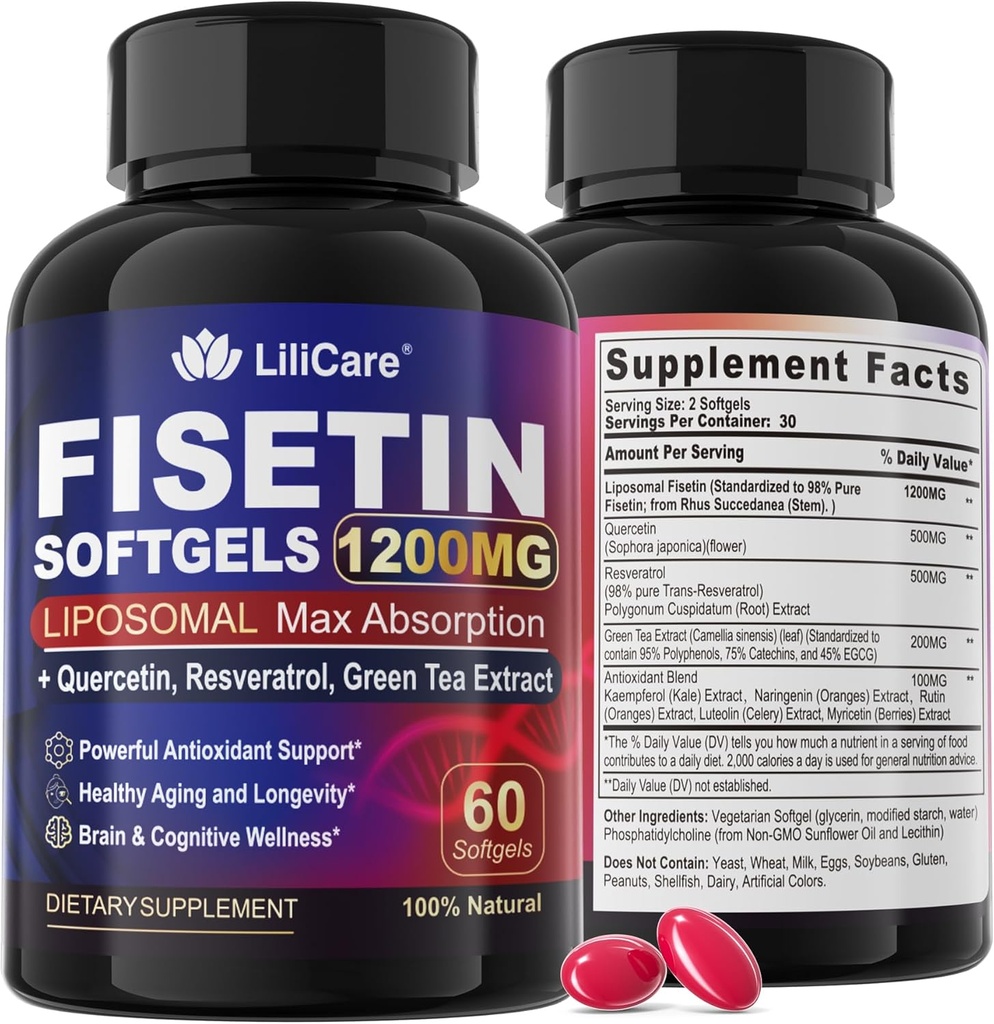 Fisetin Supplement - Liposomal Super Absorption 98% Pure 1200mg med Quercetin, Resveratrol, Green Tea Extract for Sund Aging & Longevity, Skin Health, Brain & Antioxidant - 60 Softgels
