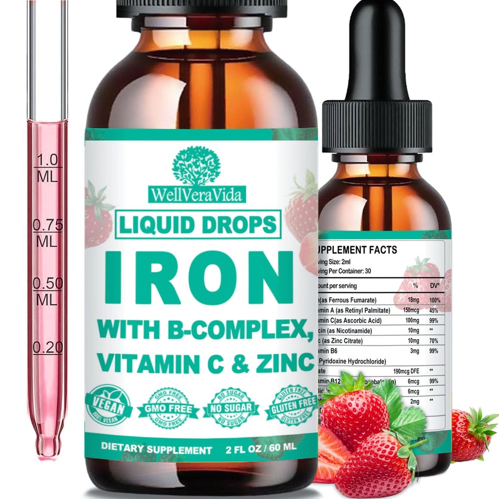 Flydende jern supplement w / vitamin C, B- kompleks, høj potens Iron Liquid w. Multivitamin, Vegansk jerndråber til kvinder, børn, Chelate flydende jern supplement til anæmi, træthed, røde blodceller støtte