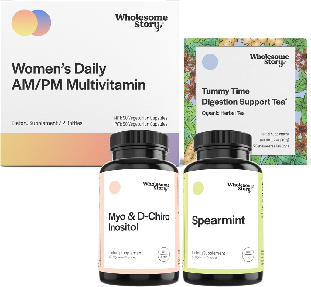 Hormone Balance Support Bundle 124; Myo- Inositol & D- Chiro Inositol Blend 30- dag Supply 124; Organic Spearmint 30- dag Supply 124; Premium Daily Multivtamin til kvinder 30- dag Supply 124; Morning Sygdom Tea 15ct
