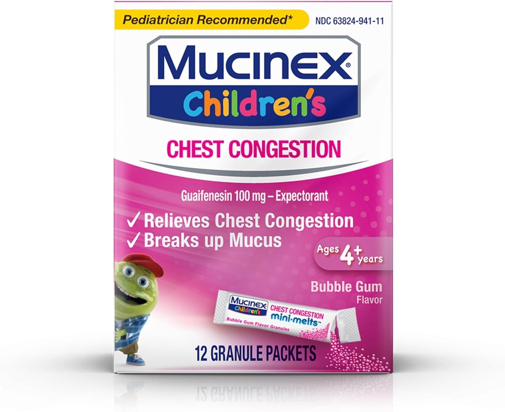 Brystkongestion, Mucinex Børns Mini Melts, Brystkongestion, Bubble Gum, 12ct