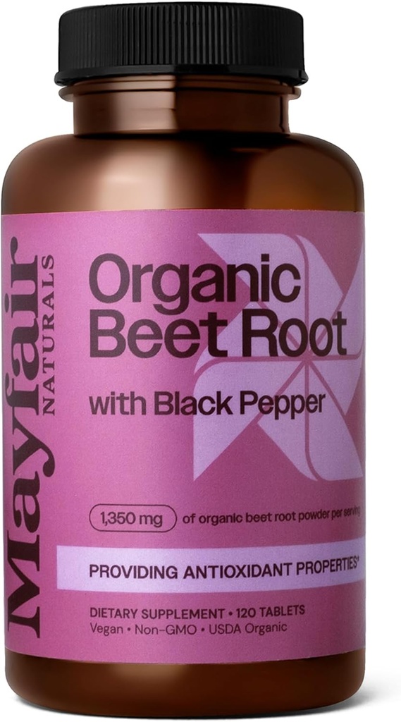USDA Organic Beet Root med sort peber, 1350mg Organic Beet Root Powder, Kosttilskud, 120 tabletter