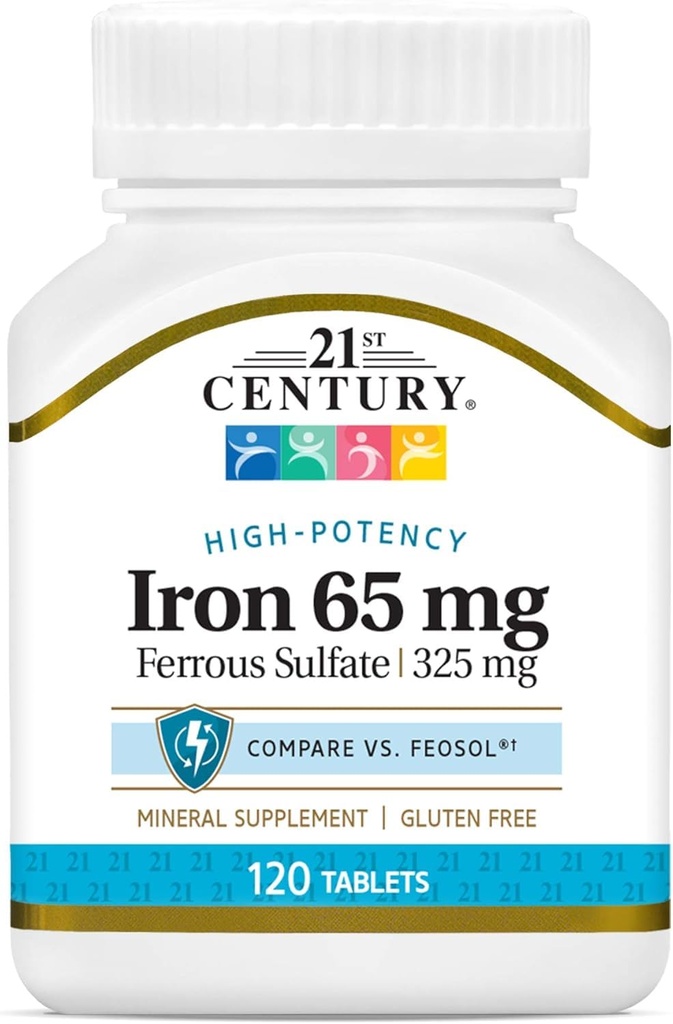 21. Century Jern 65 mg med Ferrosulfate 325 mg - 100 tabletter, pakning med 3 stk.