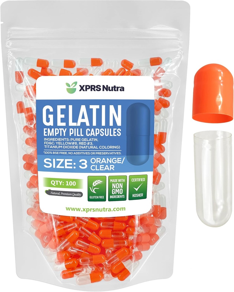 XPRS Nutra Størrelse 3 Tomme kapsler - 100 Tomme Gelatine kapsler - Piller gør det - Pure Bovin Pille Gel Caps Fyldelig til Do- It- Yourself vitaminer og kosttilskud (Orange / Clear)