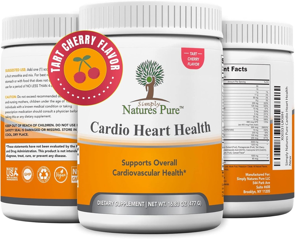 Simply Natures Pure - Cardio Heart Health Nitroxide Booster Support Powder med L- Arginin 5000 mg, L- Citrullin 1000 mg og Hawthorne Berry, 16.82 Ounces - Tart Cherry Flavor