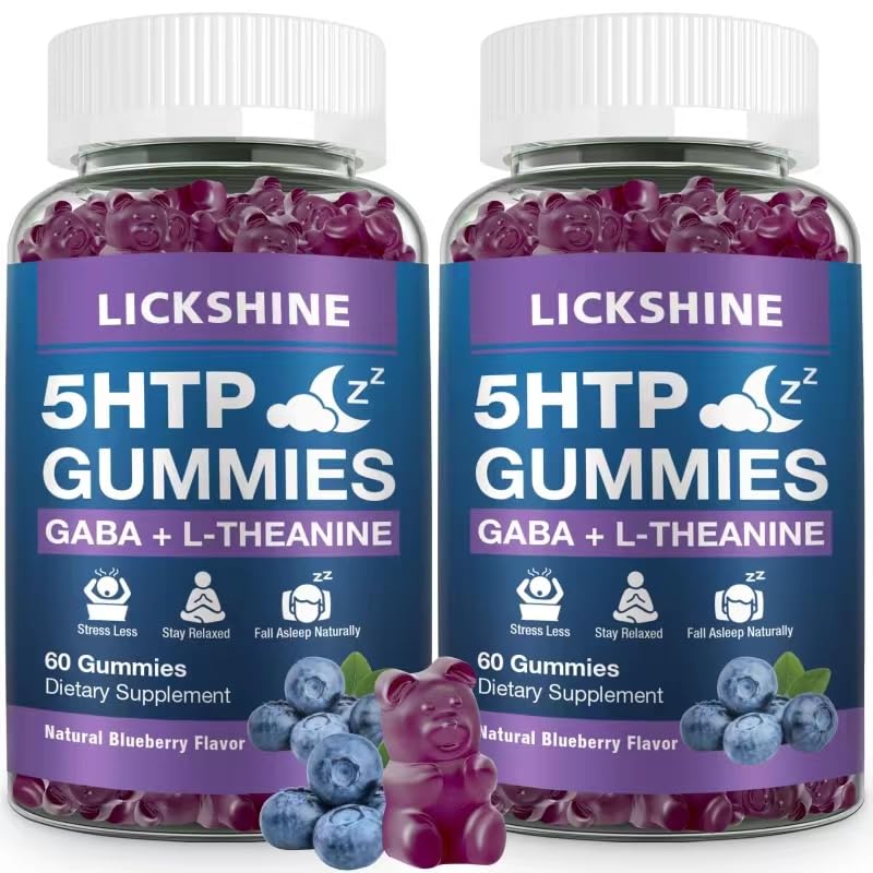 2 Pack 300MG 5- HTP GABA Sleep Supplement Gummies med 200 mg L- Theanine Supplement til hjerne, Mood Stabilizer og søvn støtte, Melatonin-fri, Omega 3- 6-9 for naturlige Zzzs, Blueberry Flavor