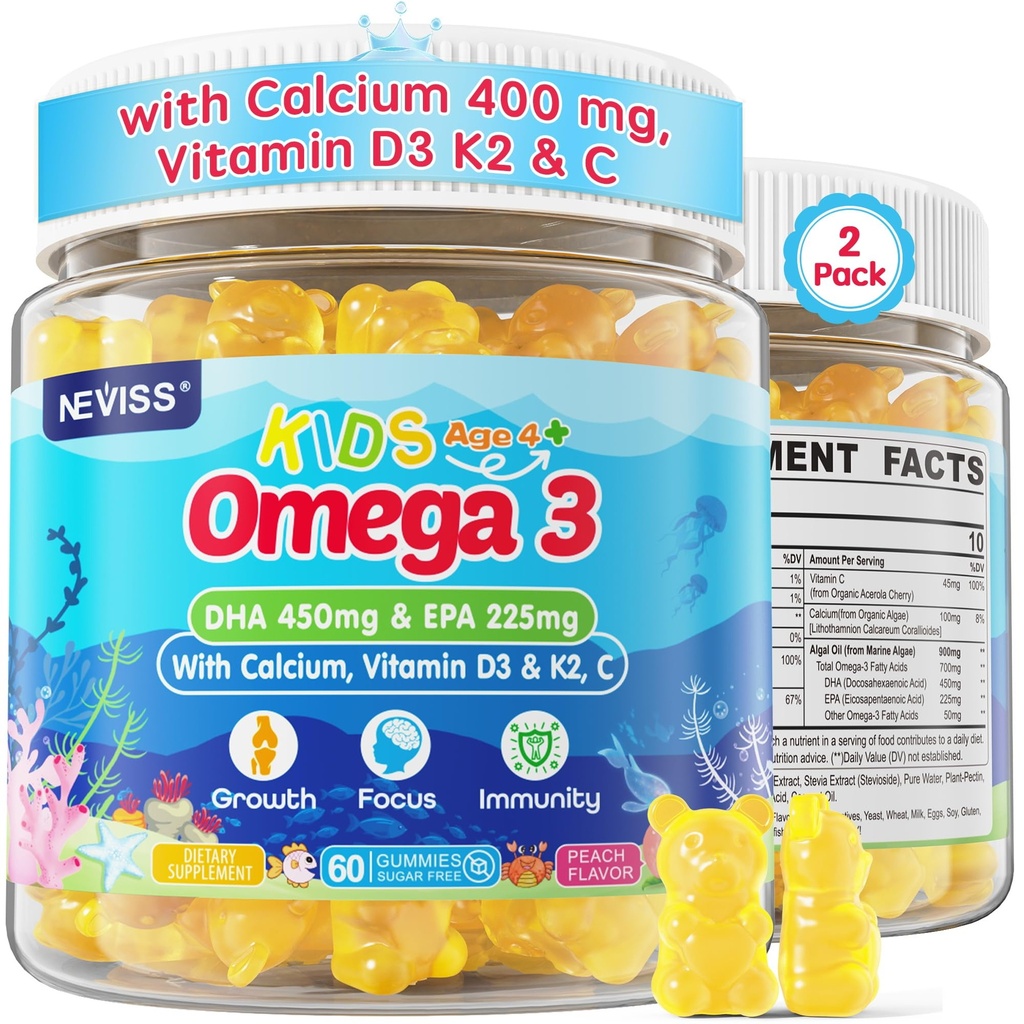 Kids Omega 3 Gummies + Calcium 400mg + D3 K2 + C-vitamin, Omega-3 DHA & EPA Supplement - Ingen Fish Burps, Ingen sukker - Kids & Teens Ombaga 3 + Multivitamin Gummy til stærke ben, hjerne, immunforsvar, øje, 2Pack
