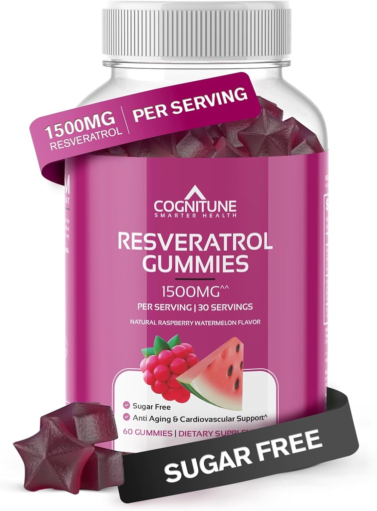 CogniTune Resveratrol Gummies - Sugar Free 1500mg Antioxidant Supplement til hjerte, hjerne og immunforsvar - Kraftfuld Anti- Aging Trans Resveratrol Chews for Longevity & Wellness