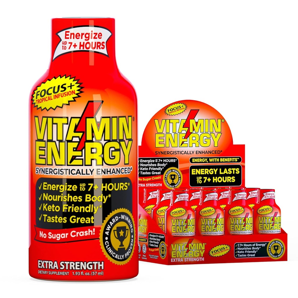 Vitamin Energy Focus + Extra Strength Energy Shot Tropical Infusion 12 Pack, 260mg Natural Coffein, B- Vitamin, CoQ10, Aminosyrer, Focus, Produktivitet & Klarhed, Zero Sugar, Gluten- Free, 1,93 fl oz
