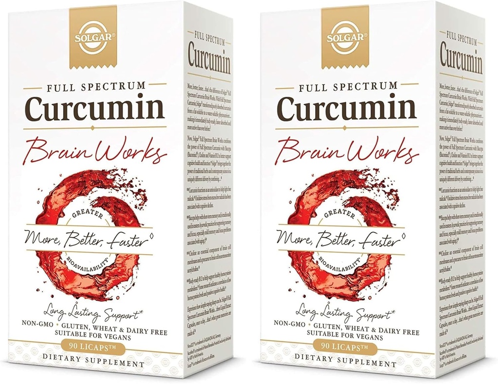 Solgar Full Spectum Curcumin Brain Works, 90 Licaps - Support Memory Recall, Focus, Cognitive Function - Antioxidant Support - Curcumin, BacoMind, Cholin, Vitamin B12 - Non- GMO, Vegan - (pakke af 2)
