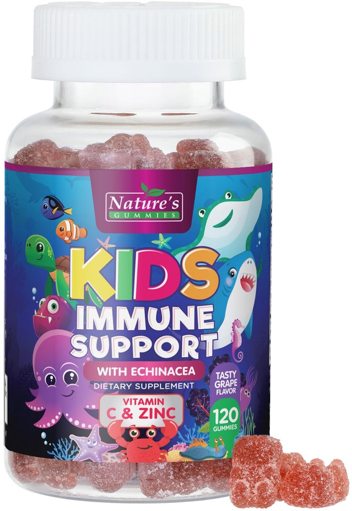 Kids Immunity Support Gummies - Daglige Childrens Vitamin C, Zink & Echinacea - Gummy for Kids Immunity Support, Age 4 og Up, Natural Berry Flavor, Non- GMO, Gluten- Free & Vegan - 120 Gummies