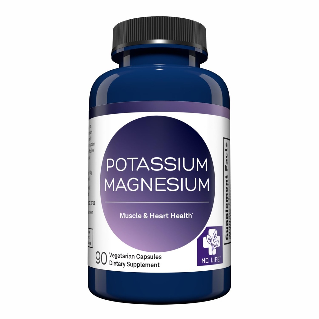 MD. Life Kalium Magnesium Supplement - 90 kapsler - Magnesium Kalium Supplement - High Absorption Complex - Support Vaskulære Sundhed & Ben Cramp