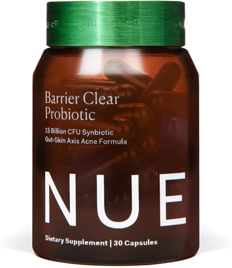 Nue Co. Barrier Clear Probiotic, Gut- Skin Axis Acne Formel, for alle hudtyper, 30 kapsler