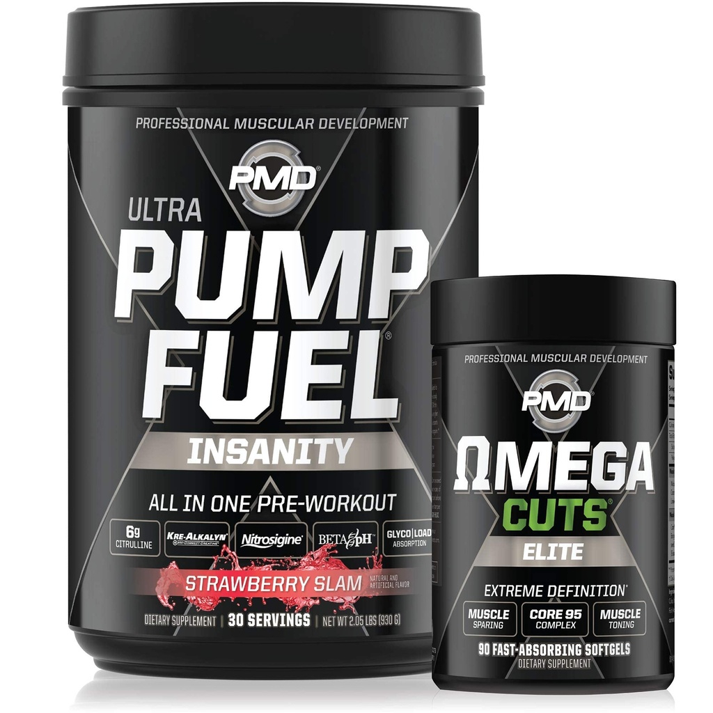 PMD Sport Ultra Pump Fuel Insanity - Pre Workout - Jordbær Slam (30 Servere) Sport Omega udskæringer Elite Termogene Fat Burner (90 Softgels