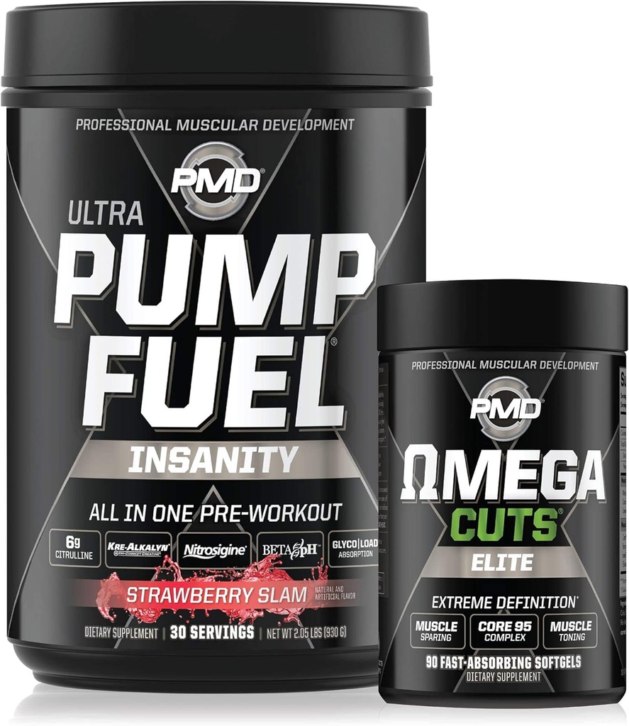 PMD Sport Ultra Pump Fuel Insanity - Pre Workout - Jordbær Slam (30 Servere) Sport Omega udskæringer Elite Termogene Fat Burner (90 Softgels